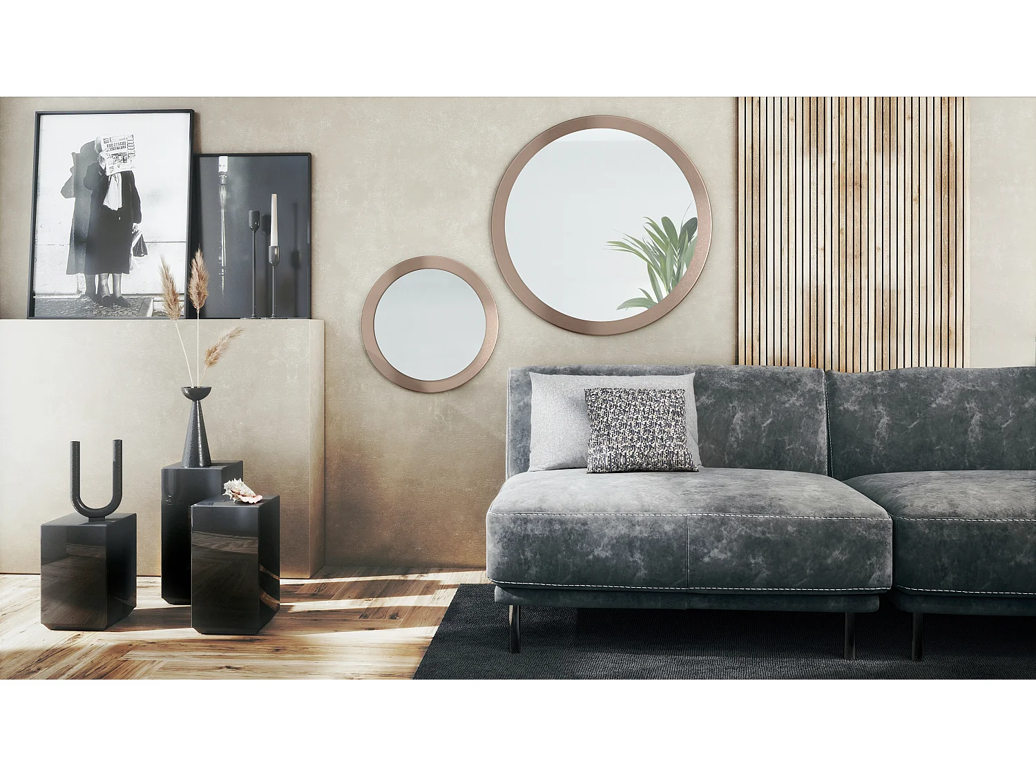 Miroir Globe Set 50 et 80 cm, 2 miroirs muraux ronds décoratifs pour l'entrée et le salon avec cadre en MDF aspect bronzé