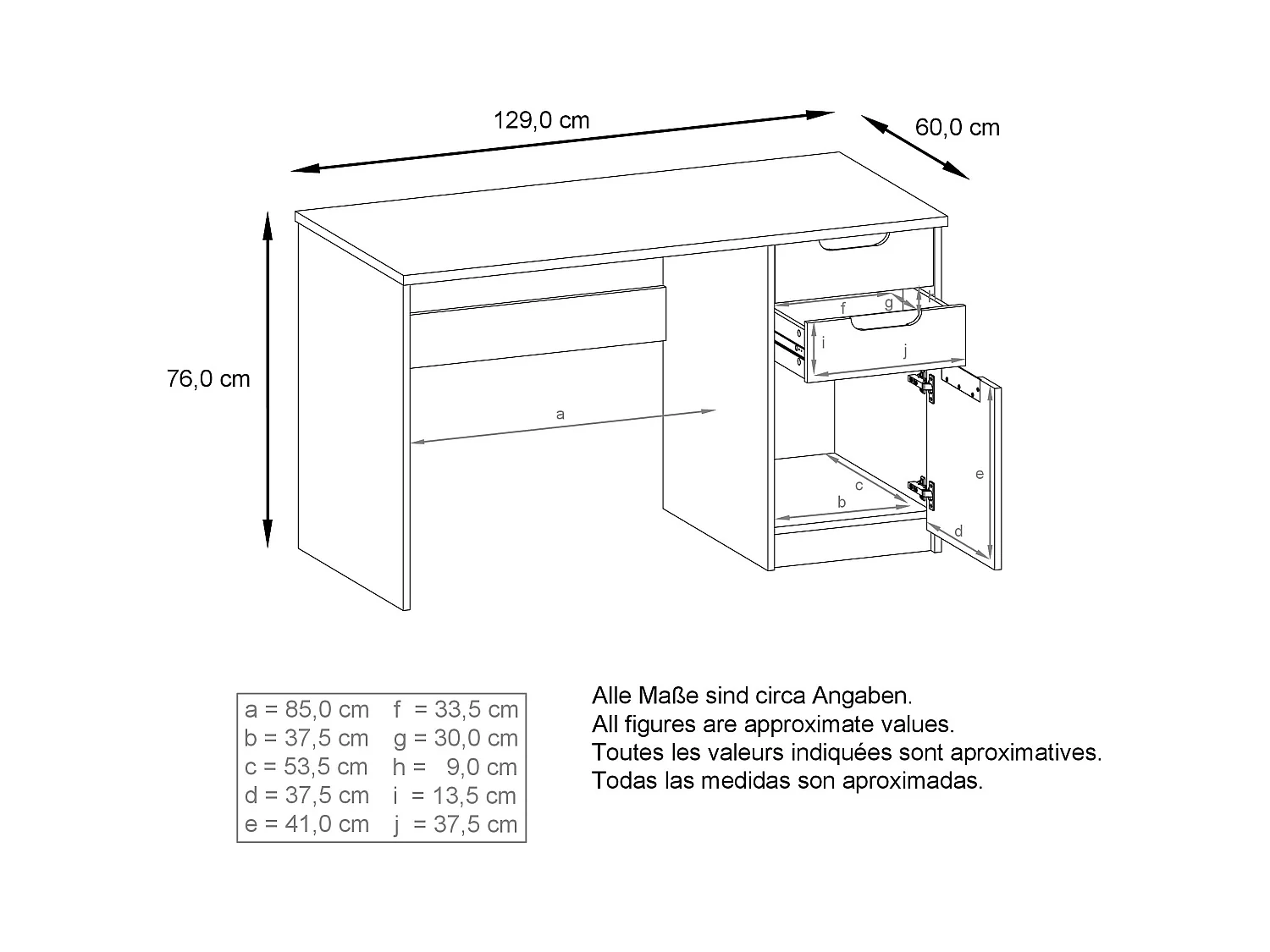 Bureau Logan, Petit bureau avec 2 tiroirs et d’une porte, blanc mat/aspect béton oxyde (129 x 76 x 60 cm)