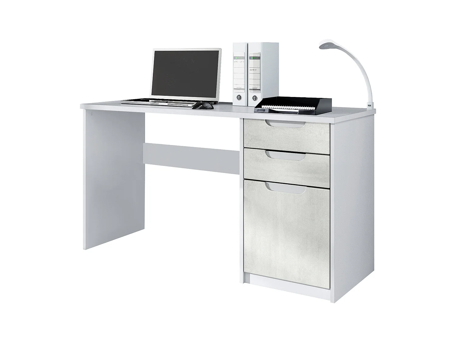 Bureau Logan, Petit bureau avec 2 tiroirs et d’une porte, blanc mat/aspect béton oxyde (129 x 76 x 60 cm)