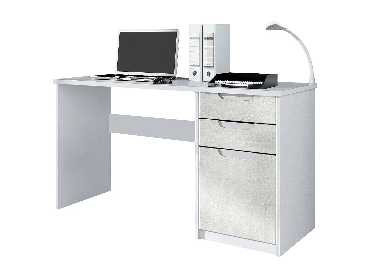 Logan Desk, scrivania per ufficio con 2 cassetti e 1 anta, bianco opaco/ottica cermento ossido (129 x 76 x 60 cm)