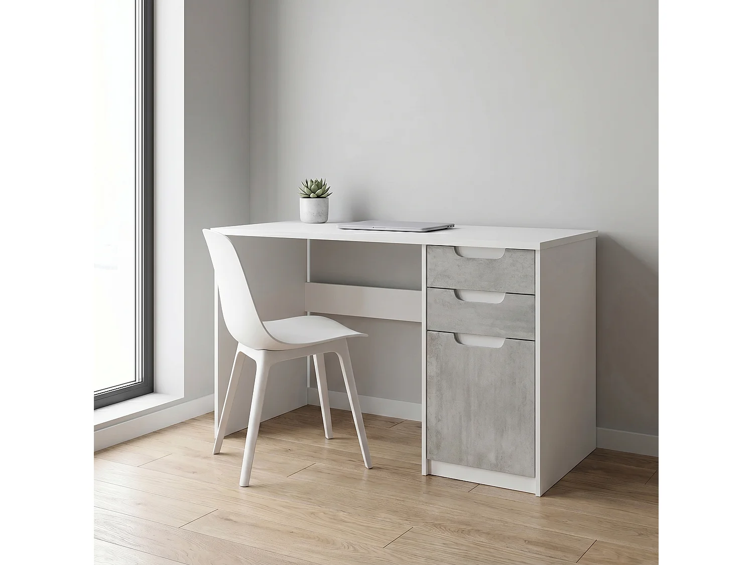 Escritorio Logan, Mesa Oficina con 2 Cajones y 1 Puerta, blanco mate/hormigón oxidado (129 x 76 x 60 cm)