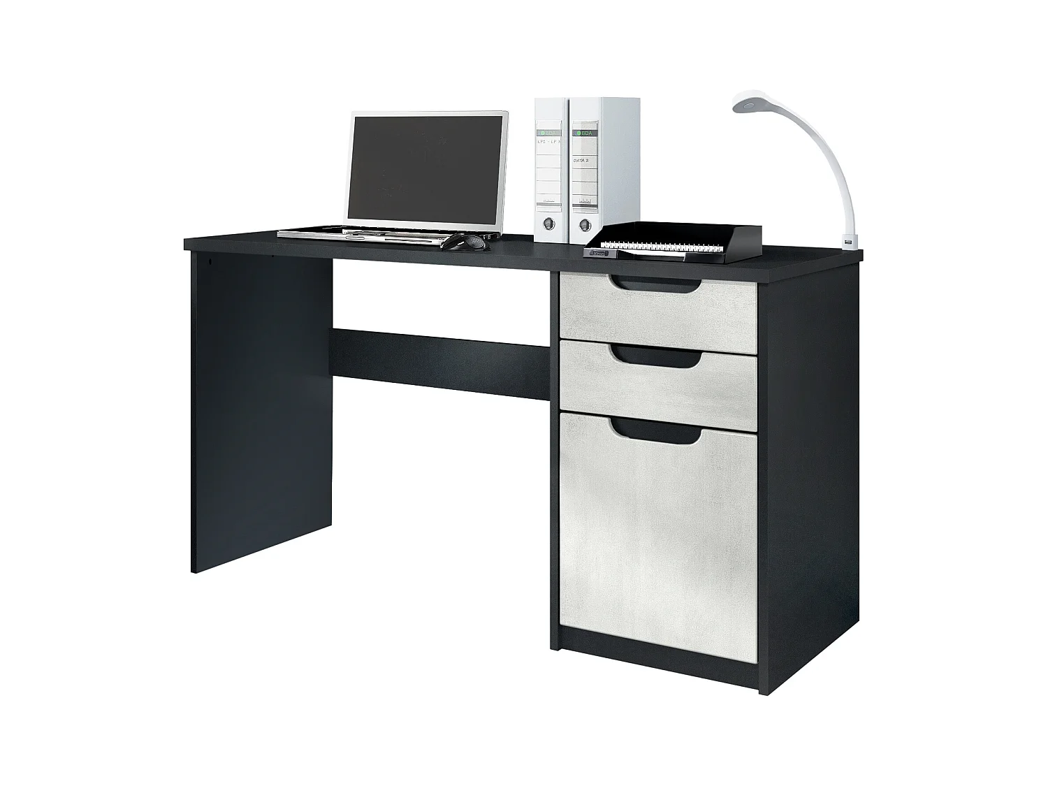 Bureau Logan, Petit bureau avec 2 tiroirs et d’une porte, noir mat/aspect béton oxyde (129 x 76 x 60 cm)