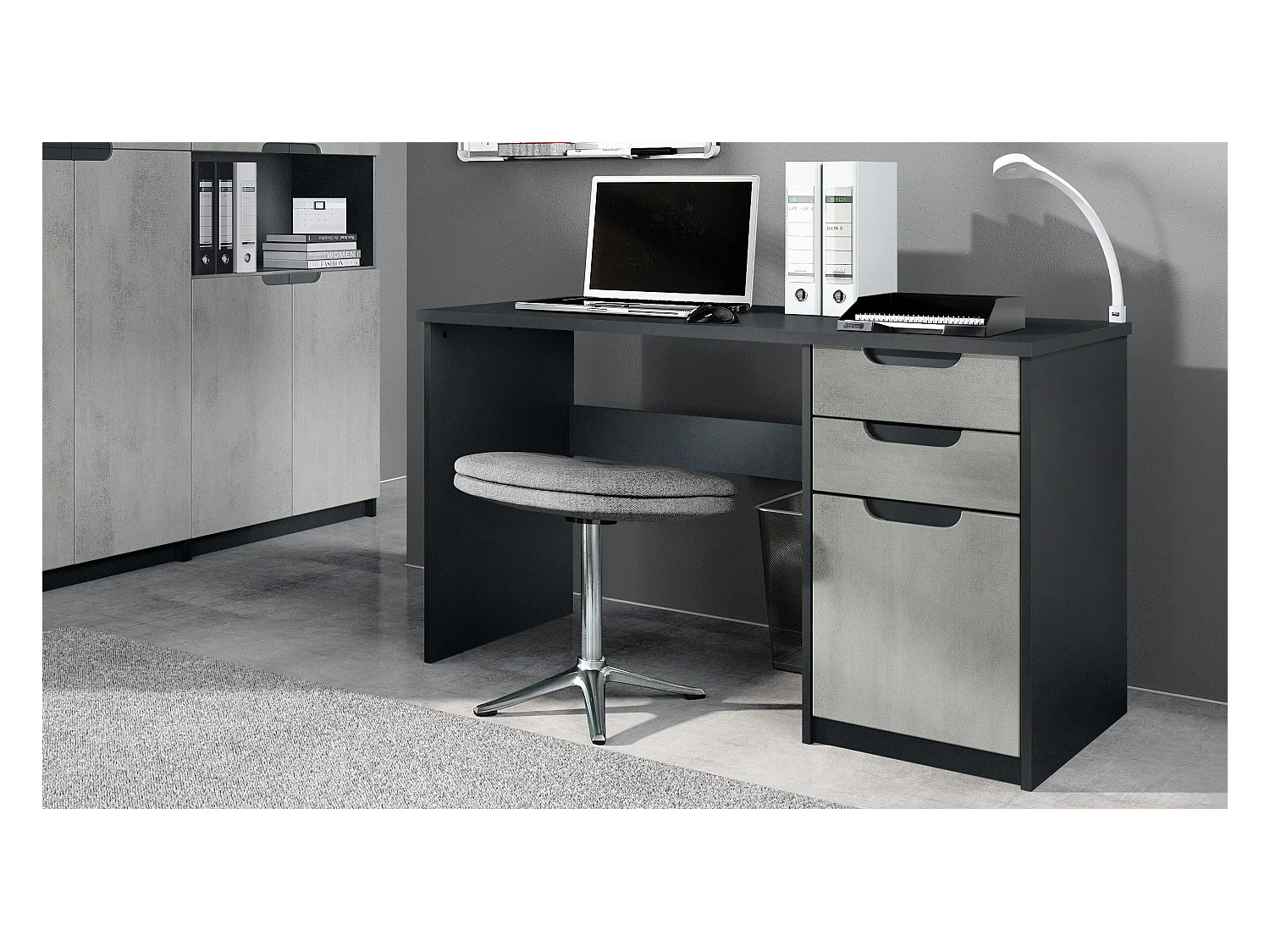 Bureau Logan, Petit bureau avec 2 tiroirs et d’une porte, noir mat/aspect béton oxyde (129 x 76 x 60 cm)