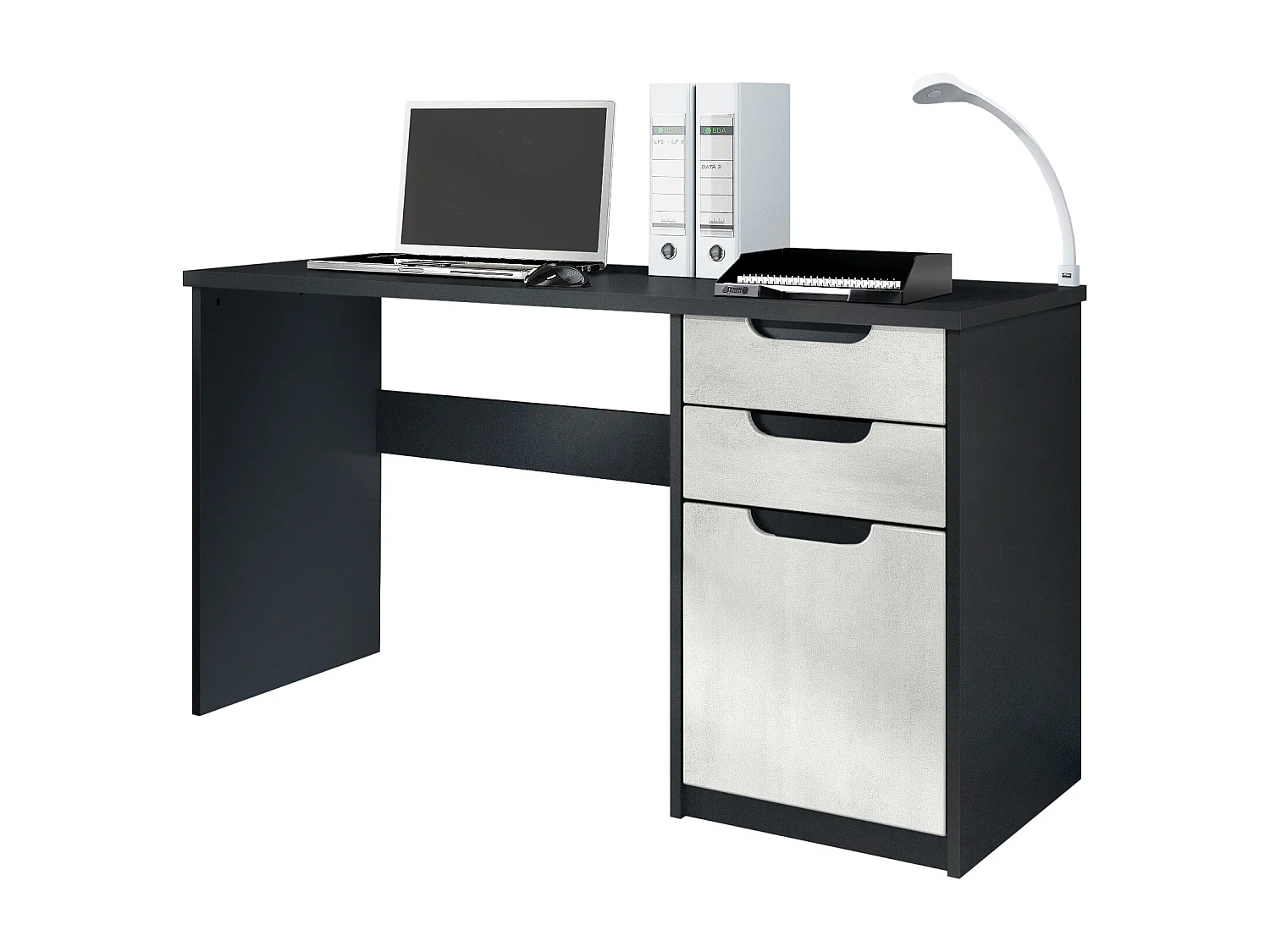 Logan Desk, scrivania per ufficio con 2 cassetti e 1 anta, nero opaco/ottica cermento ossido (129 x 76 x 60 cm)