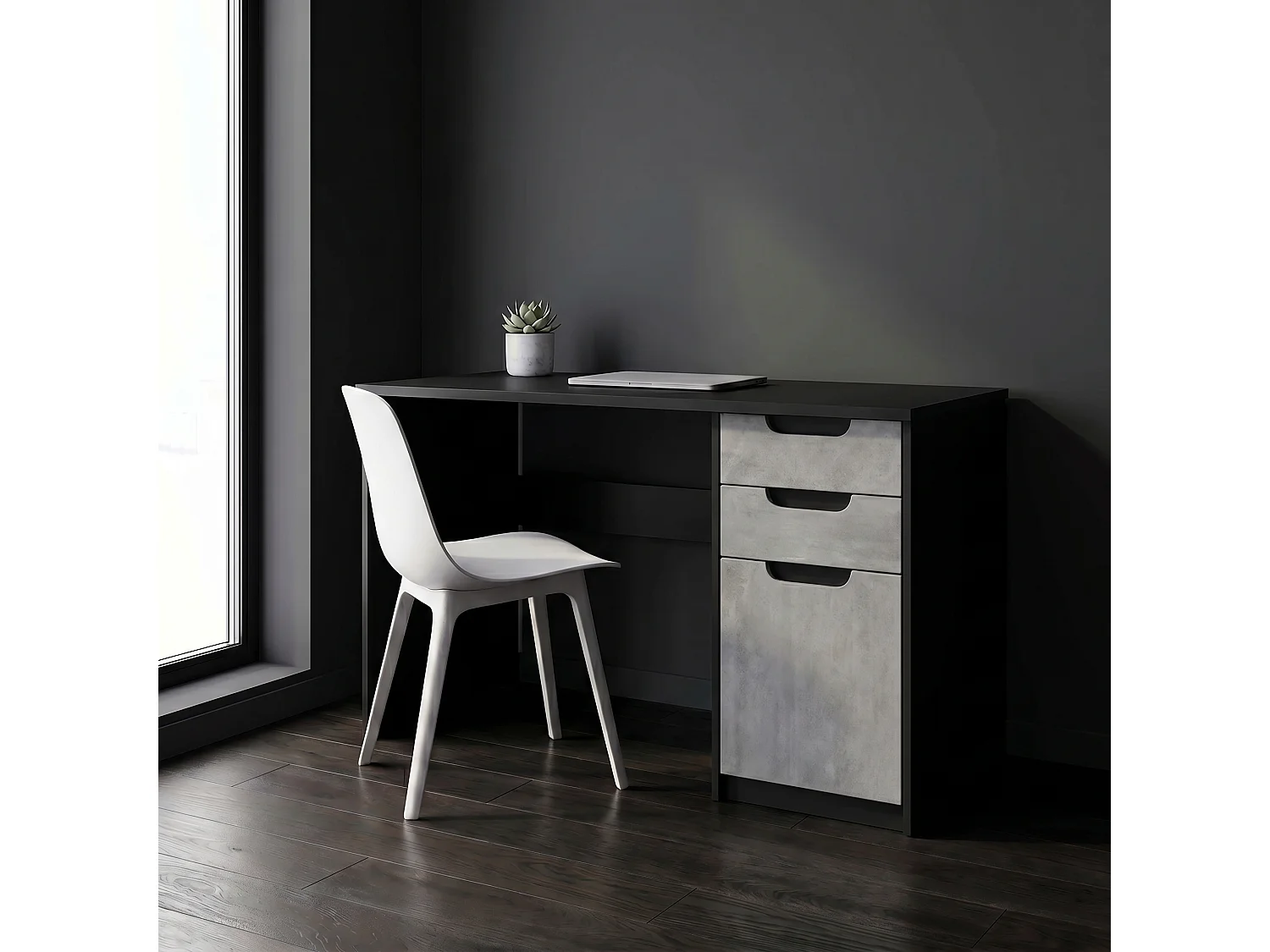 Escritorio Logan, Mesa Oficina con 2 Cajones y 1 Puerta, negro mate/hormigón oxidado (129 x 76 x 60 cm)