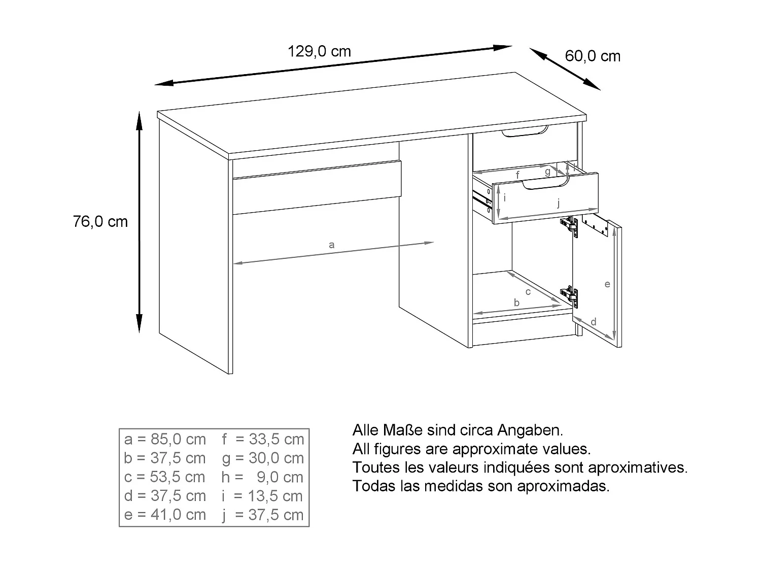 Escritorio Logan, Mesa Oficina con 2 Cajones y 1 Puerta, negro mate/hormigón oxidado (129 x 76 x 60 cm)