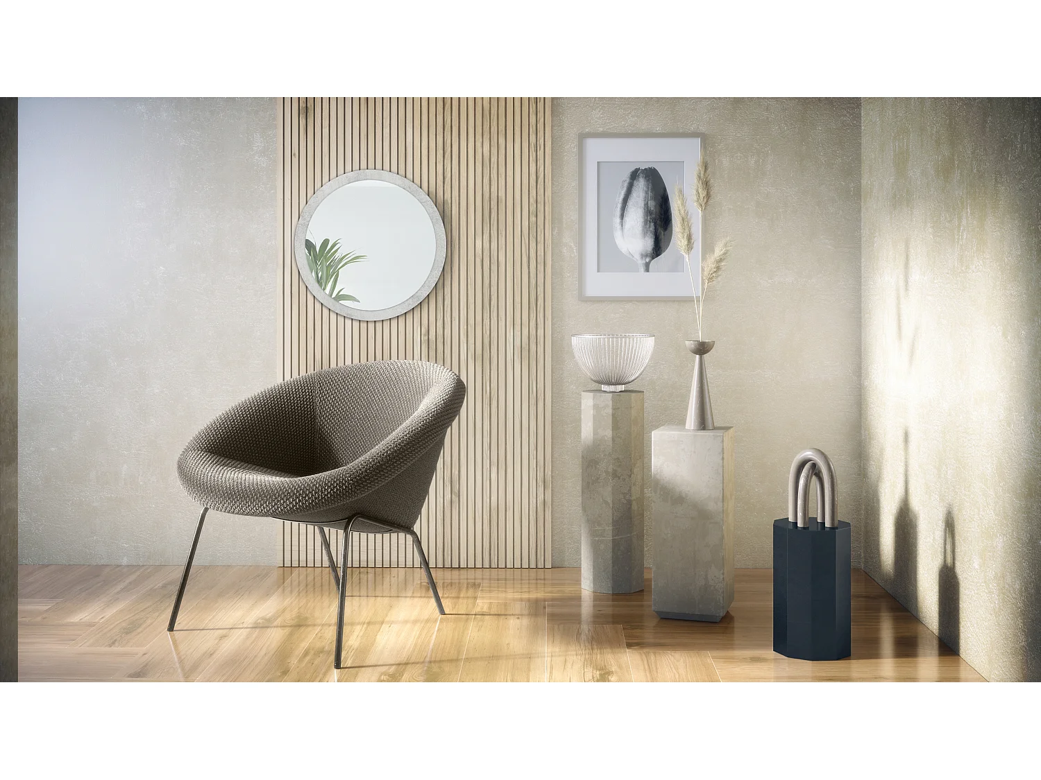 Specchio Globe 50 cm, Specchio da Parete Rotondo Decorativo per Corridoio e Soggiorno con Cornice in MDF in ottica cermento ossido