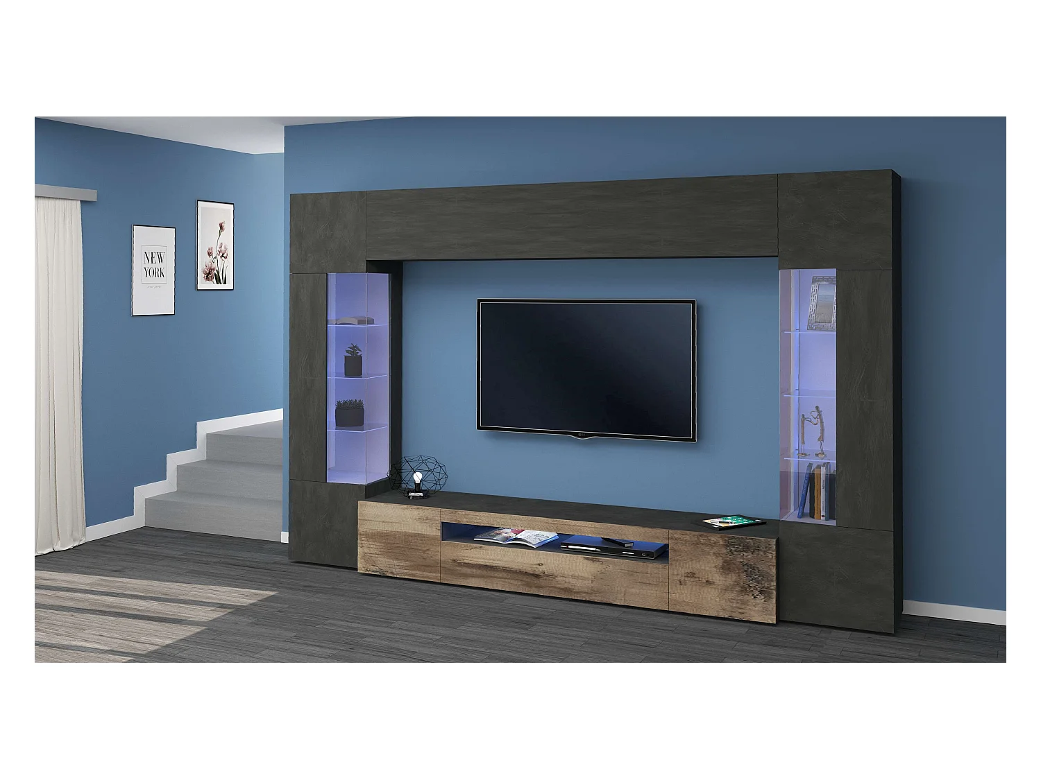 Ensemble de salon Meuble TV moderne noir 2 vitrines Sultan AP