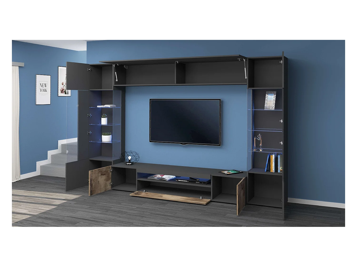 Ensemble de salon Meuble TV moderne noir 2 vitrines Sultan AP