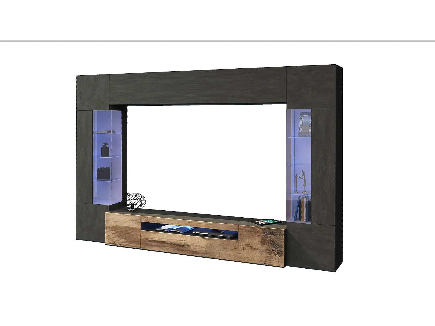 Meuble TV mural moderne en bois anthracite Sultan AP avec 2 vitrines.