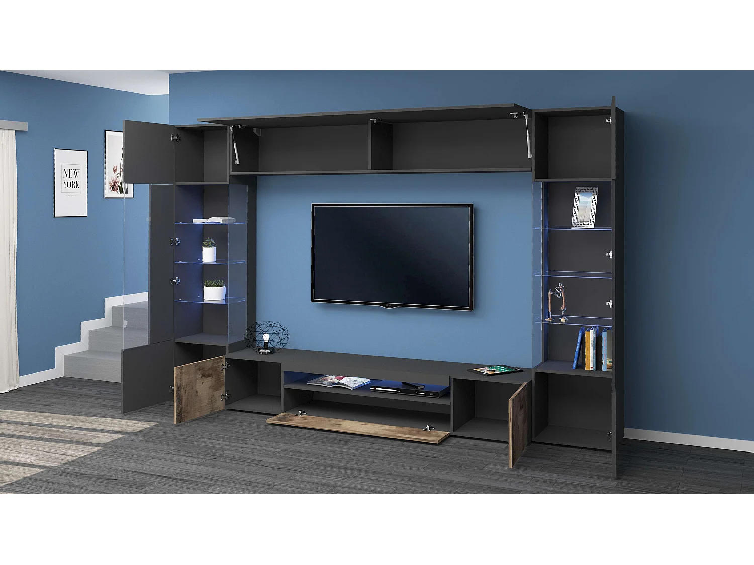 Meuble TV mural moderne en bois anthracite Sultan AP avec 2 vitrines.