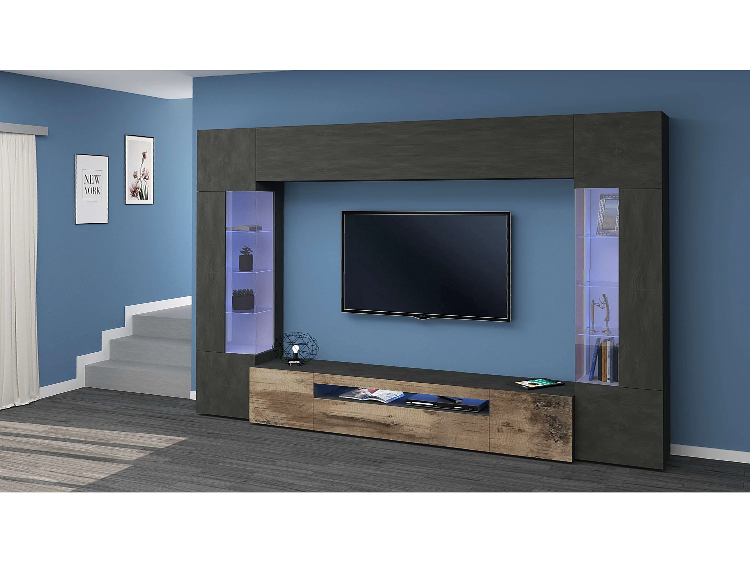 Meuble TV mural moderne en bois anthracite Sultan AP avec 2 vitrines.