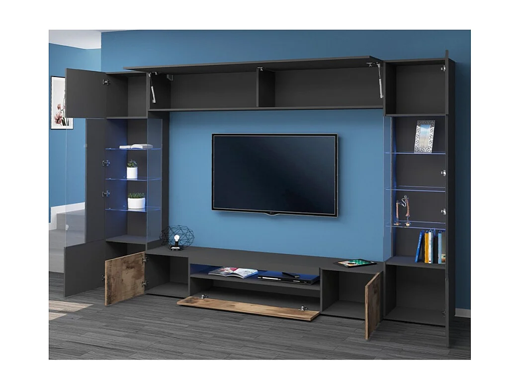 Meuble TV mural moderne en bois anthracite Sultan AP avec 2 vitrines.