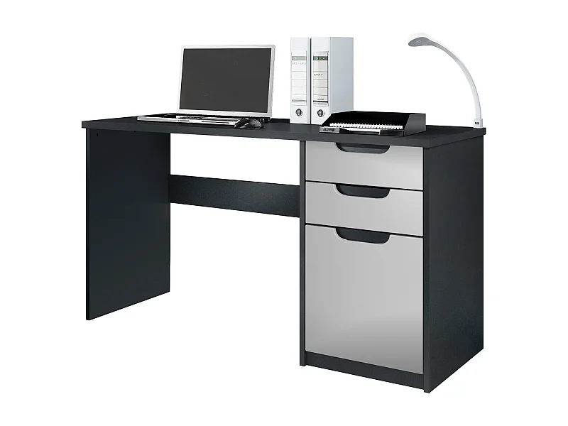 Logan Desk, scrivania per ufficio con 2 cassetti e 1 anta, nero opaco/grigio chiaro semilucido (129 x 76 x 60 cm)