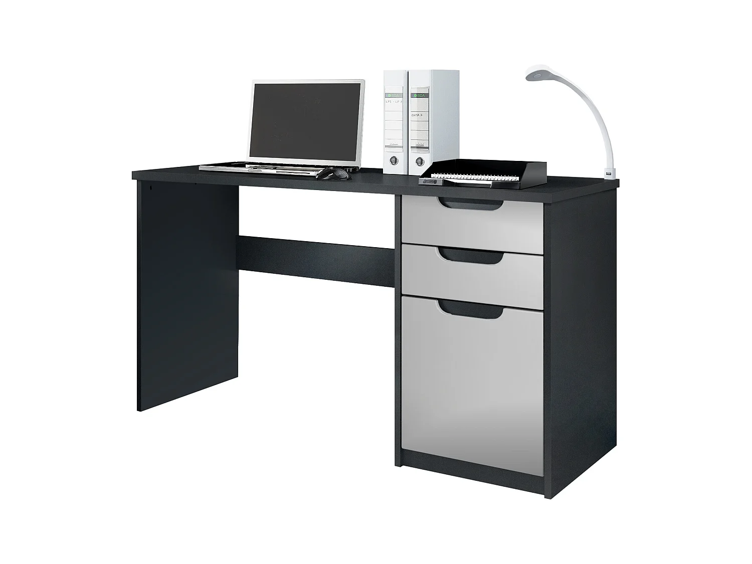 Bureau Logan, Petit bureau avec 2 tiroirs et d’une porte, noir mat/gris clair satiné mat (129 x 76 x 60 cm)