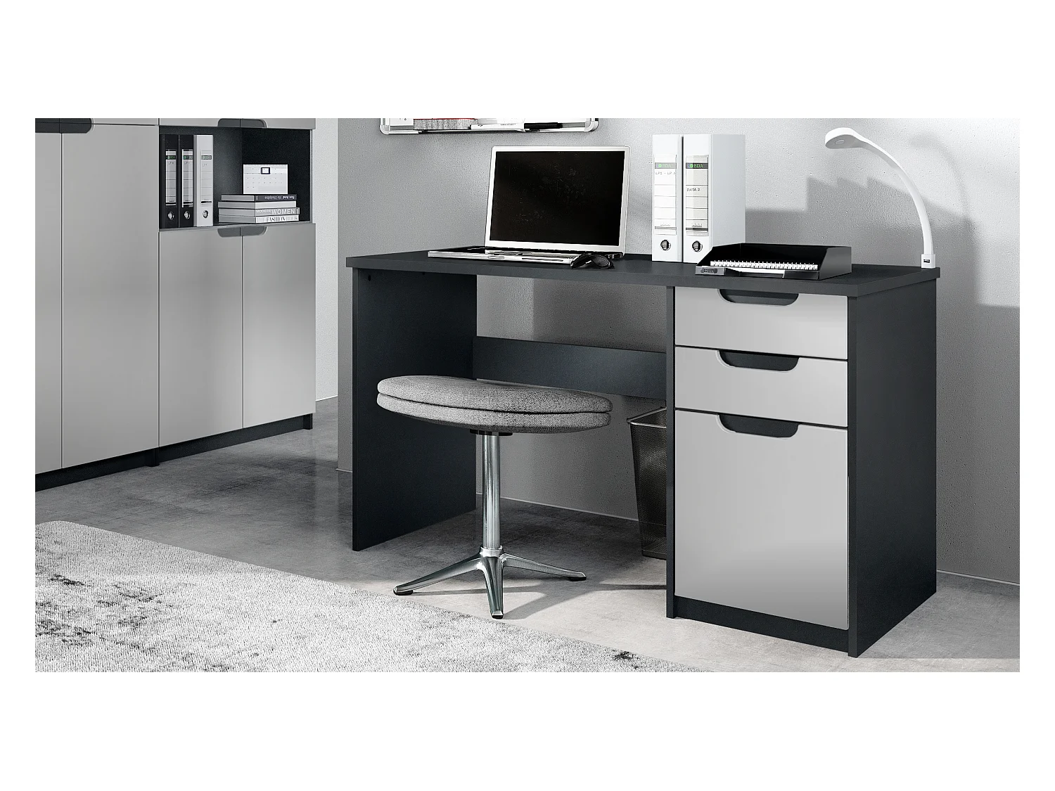 Bureau Logan, Petit bureau avec 2 tiroirs et d’une porte, noir mat/gris clair satiné mat (129 x 76 x 60 cm)