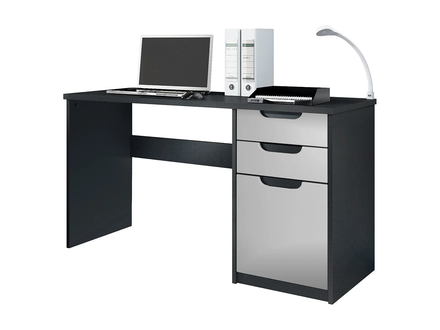 Logan Desk, scrivania per ufficio con 2 cassetti e 1 anta, nero opaco/grigio chiaro semilucido (129 x 76 x 60 cm)