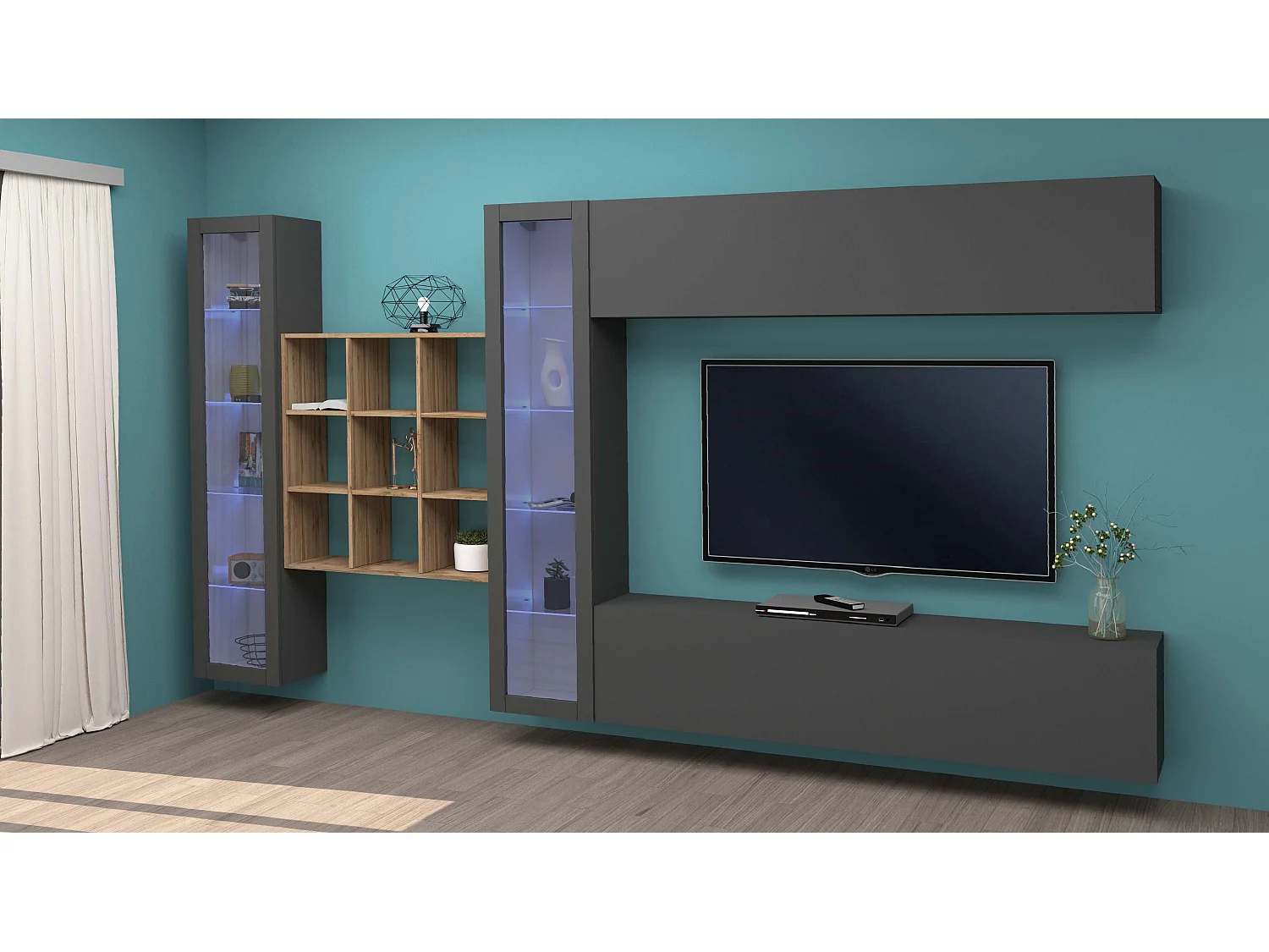 Parete attrezzata moderna mobile TV sospeso libreria antracite 2 vetrine Eron RT
