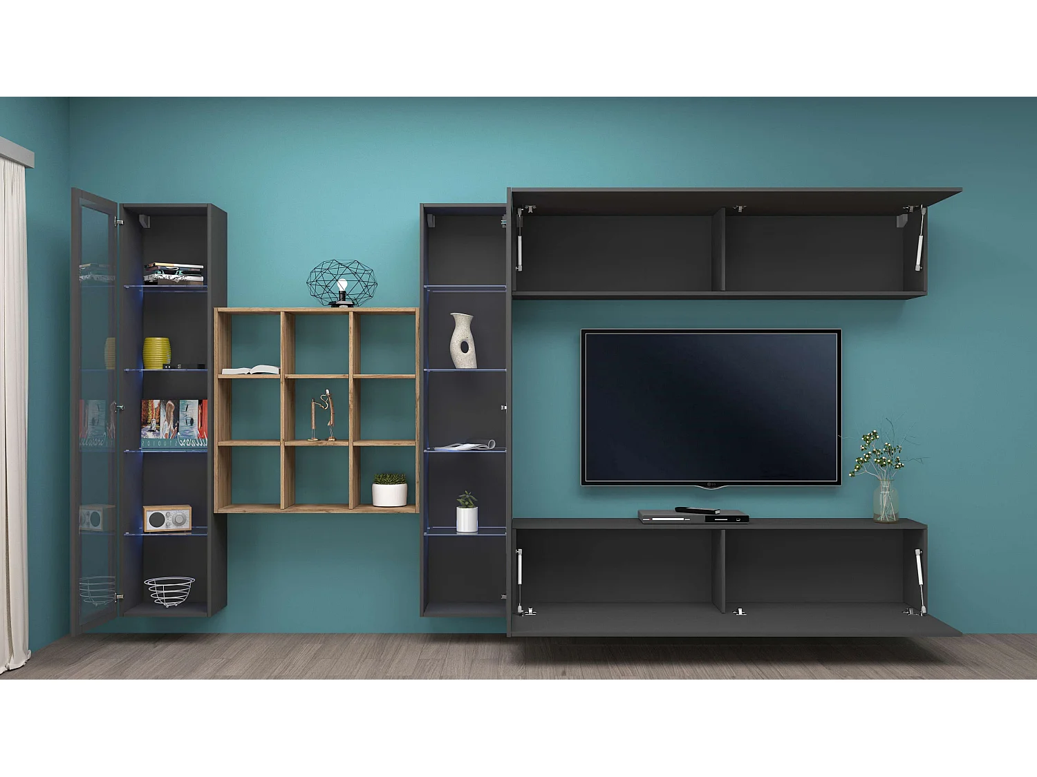 Parete attrezzata moderna mobile TV sospeso libreria antracite 2 vetrine Eron RT