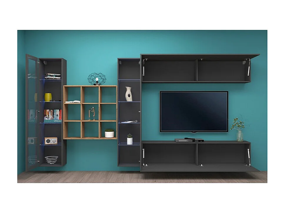 Parete attrezzata moderna mobile TV sospeso libreria antracite 2 vetrine Eron RT