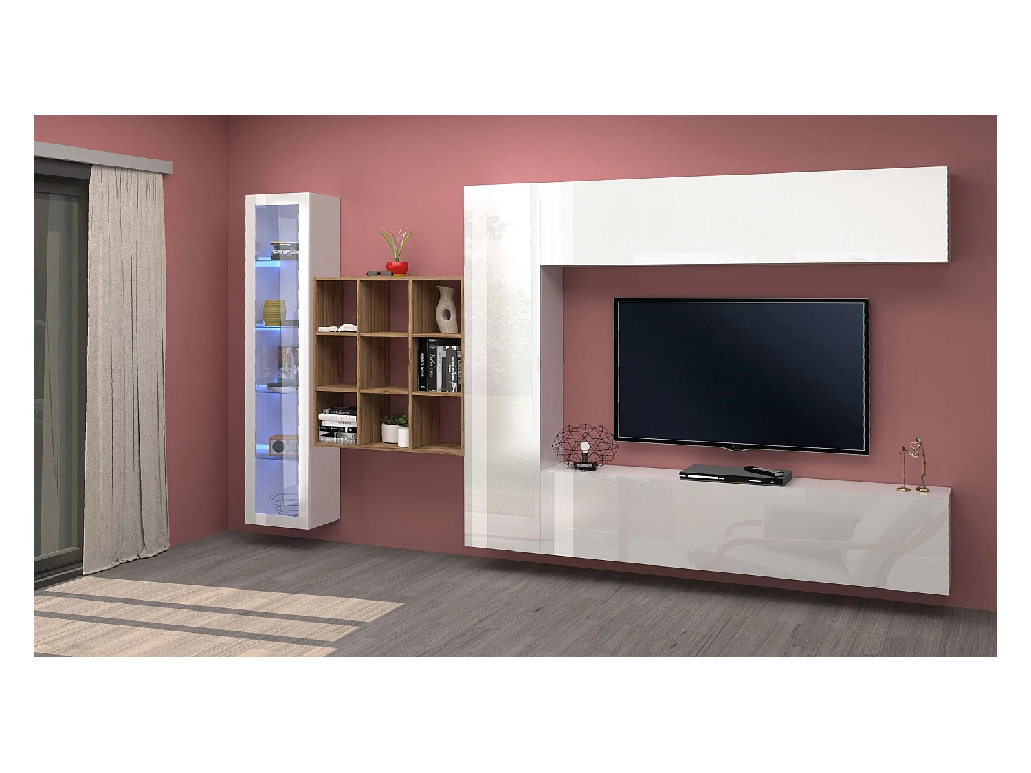 Parete attrezzata mobile TV pensile bianco libreria vetrina Femir WH