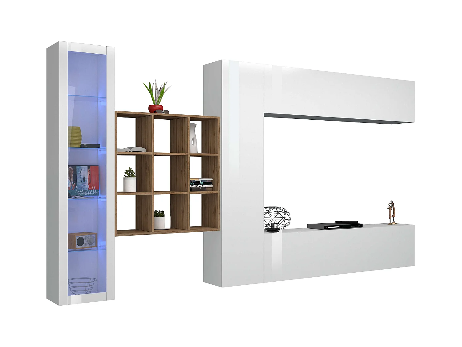 Parete attrezzata mobile TV pensile bianco libreria vetrina Femir WH