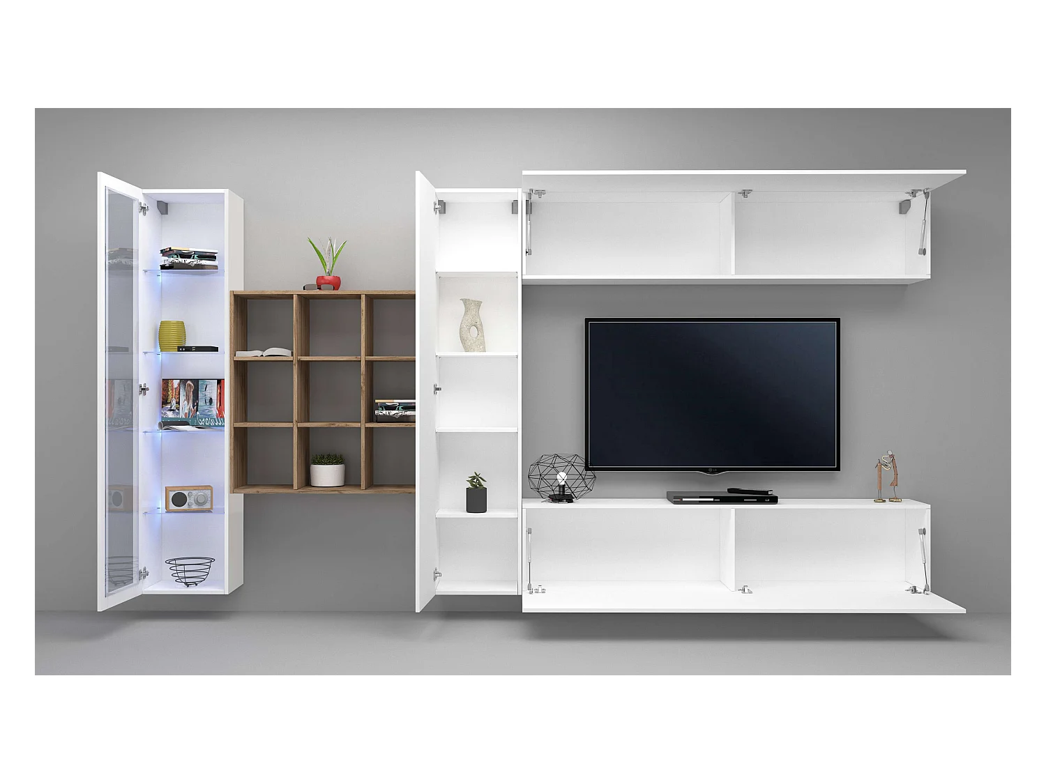 Parete attrezzata mobile TV pensile bianco libreria vetrina Femir WH