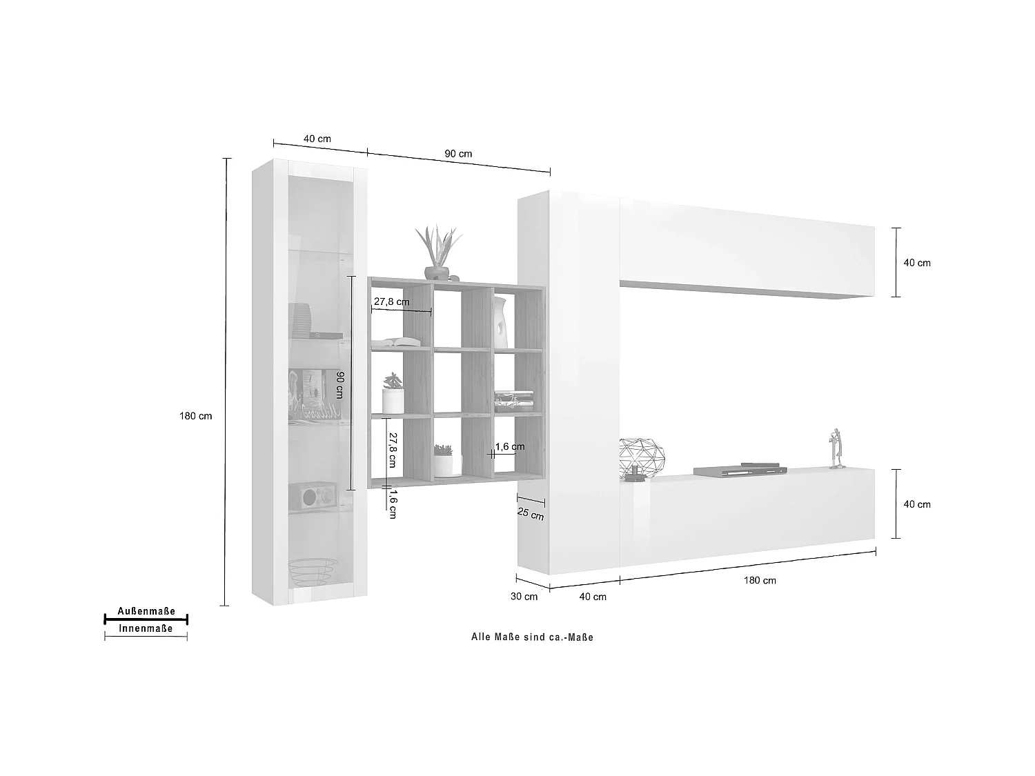 Parete attrezzata mobile TV pensile bianco libreria vetrina Femir WH