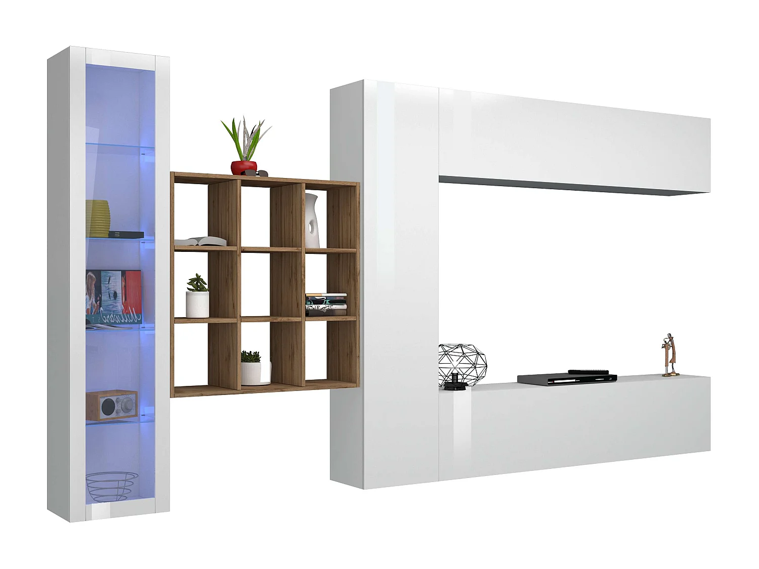 Parete attrezzata mobile TV pensile bianco libreria vetrina Femir WH