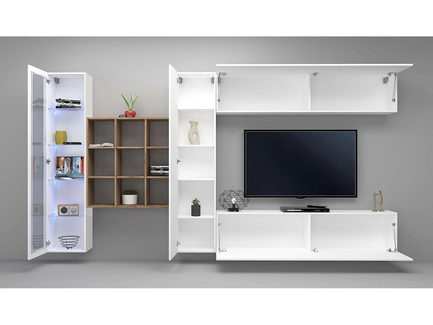 Parete attrezzata mobile TV pensile bianco libreria vetrina Femir WH