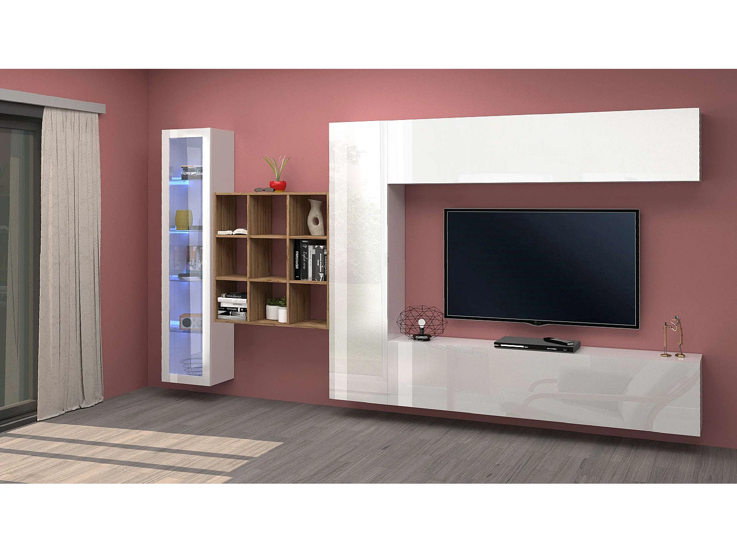 Parete attrezzata mobile TV pensile bianco libreria vetrina Femir WH