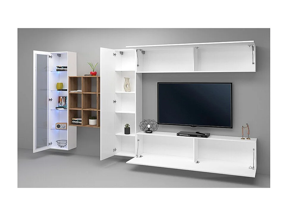 Parete attrezzata mobile TV pensile bianco libreria vetrina Femir WH