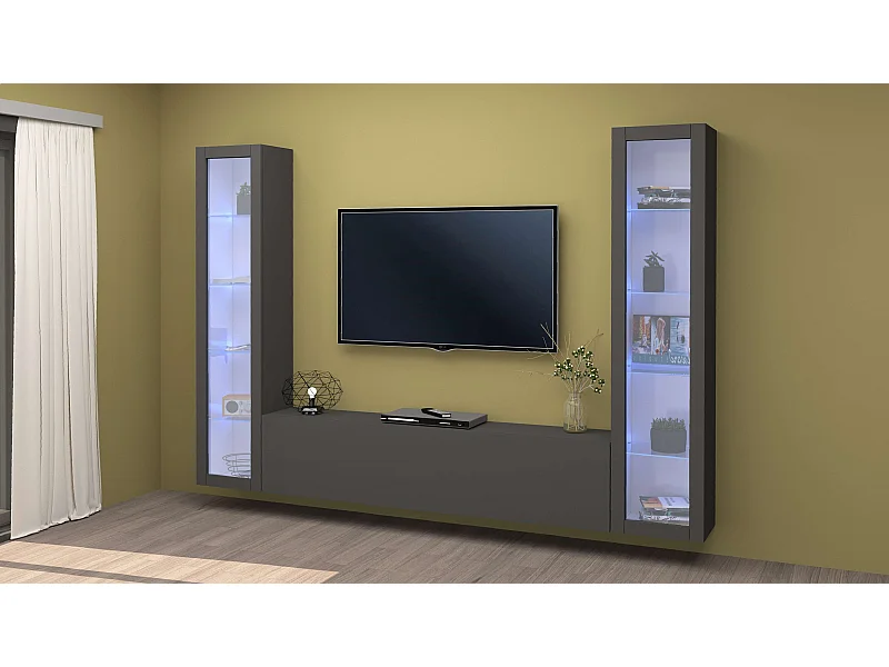 Meuble TV de salon design moderne noir 2 vitrines Liv RT