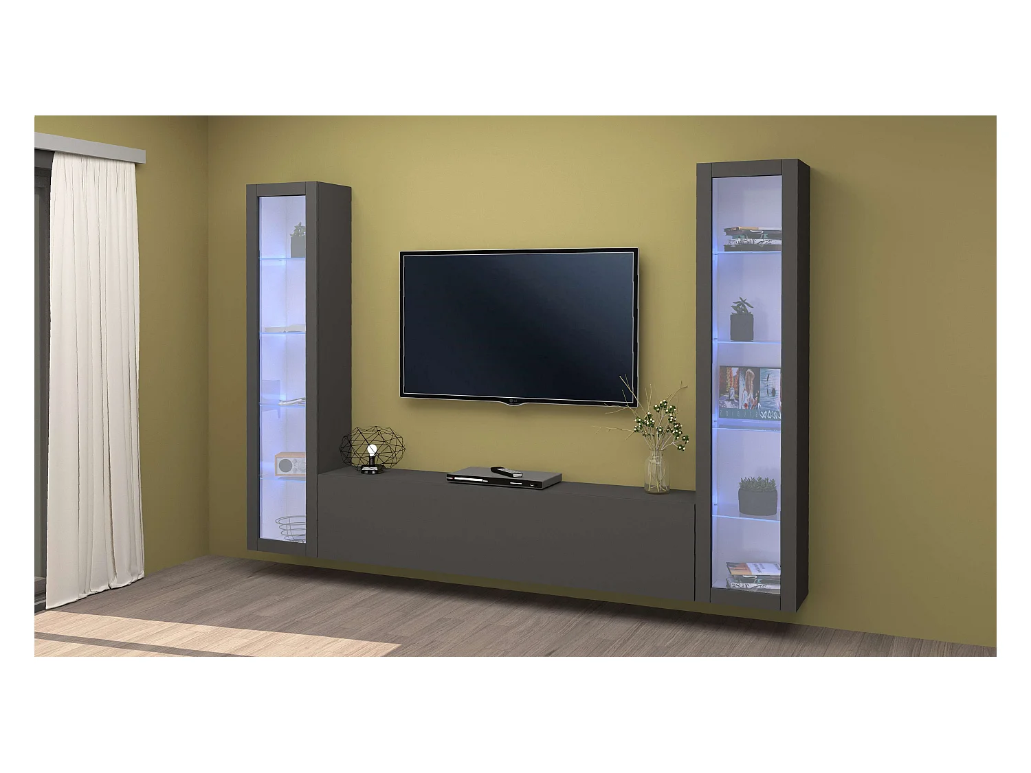 Parete attrezzata mobile TV sospesa design moderno antracite 2 vetrine Liv RT