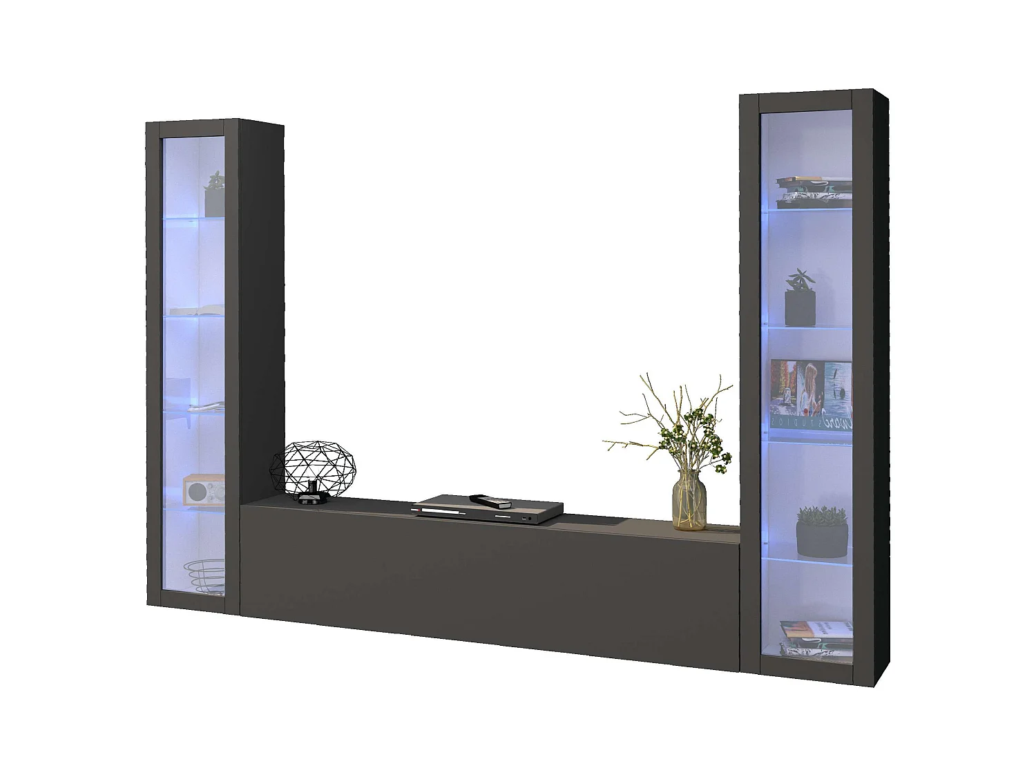 Parete attrezzata mobile TV sospesa design moderno antracite 2 vetrine Liv RT