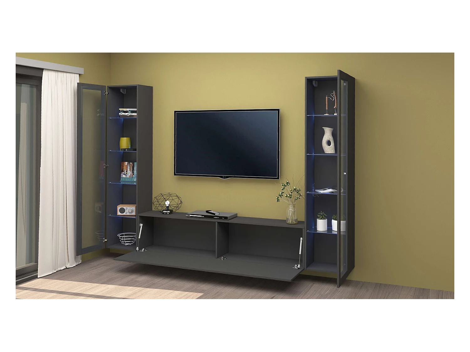 Parete attrezzata mobile TV sospesa design moderno antracite 2 vetrine Liv RT