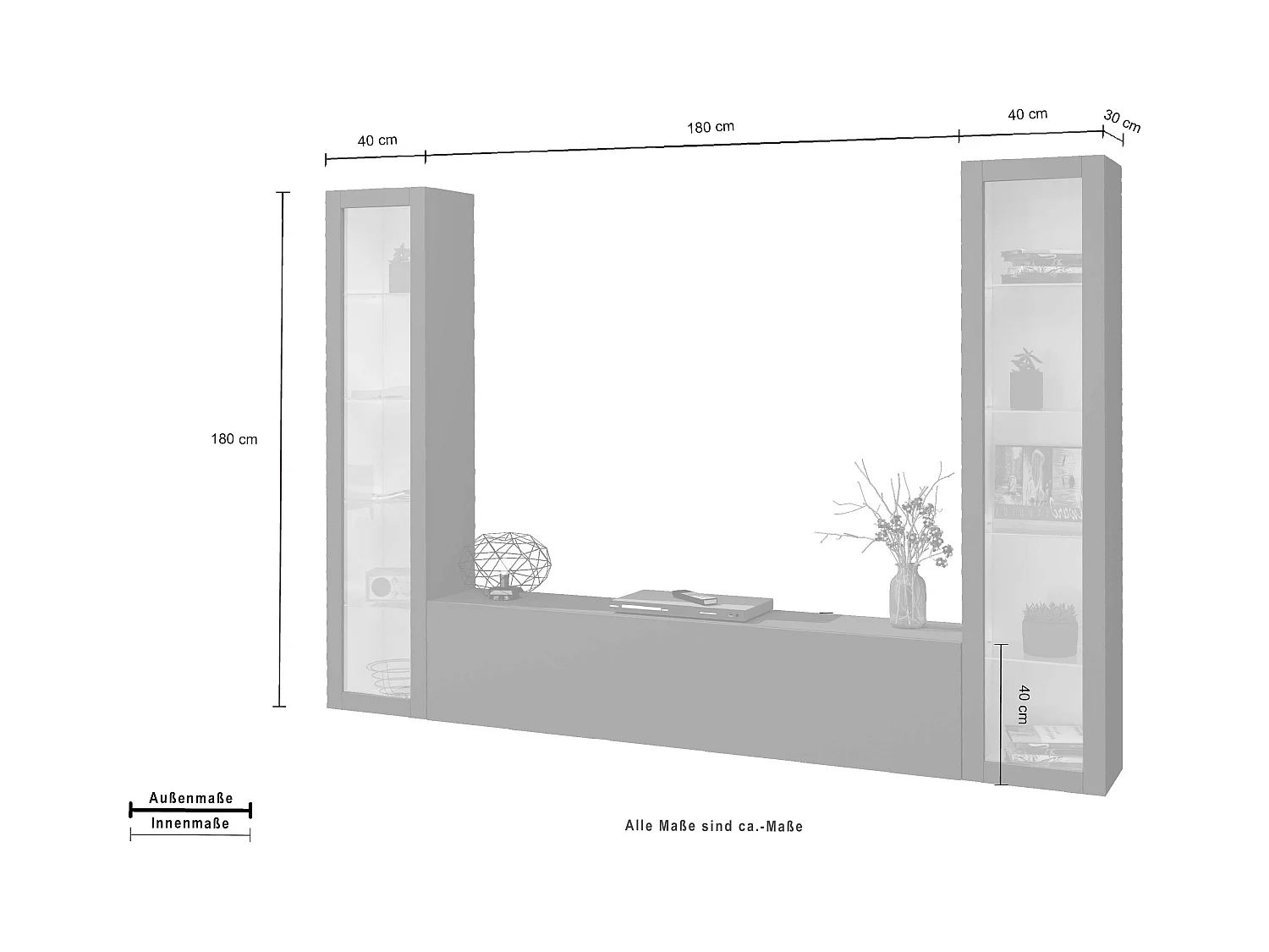 Parete attrezzata mobile TV sospesa design moderno antracite 2 vetrine Liv RT