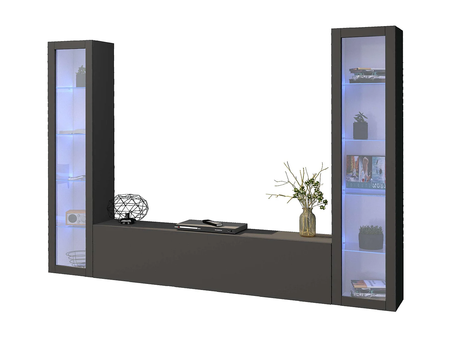 Parete attrezzata mobile TV sospesa design moderno antracite 2 vetrine Liv RT