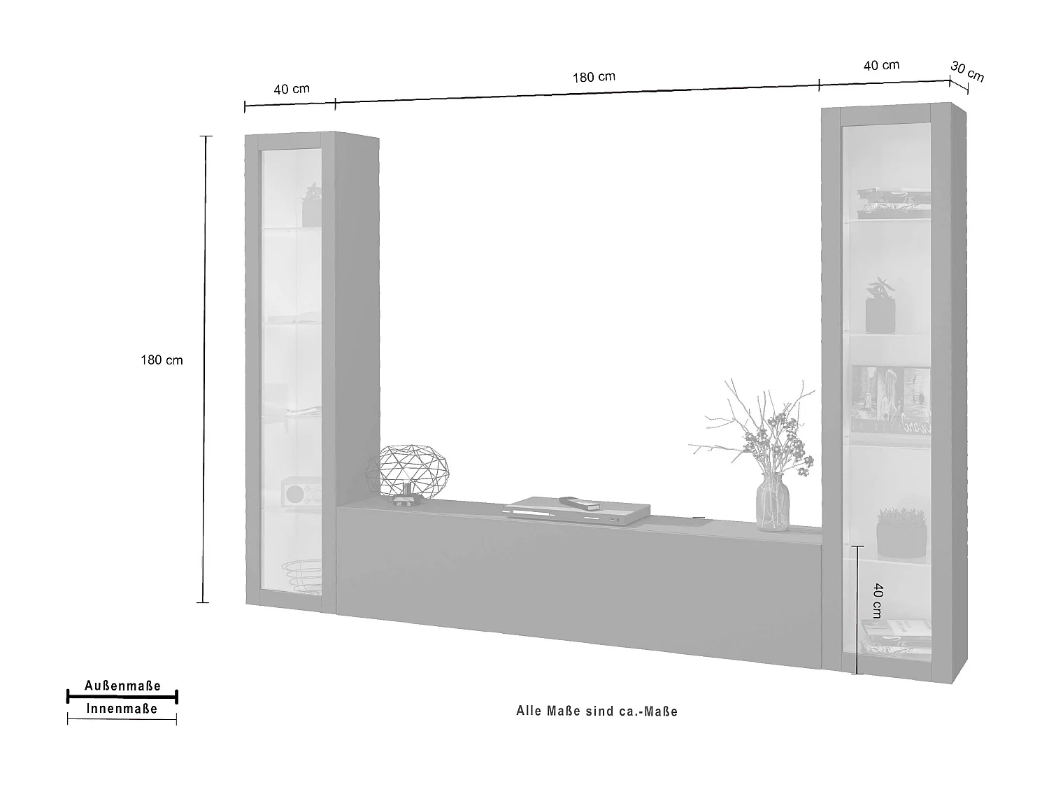 Parete attrezzata mobile TV sospesa design moderno antracite 2 vetrine Liv RT