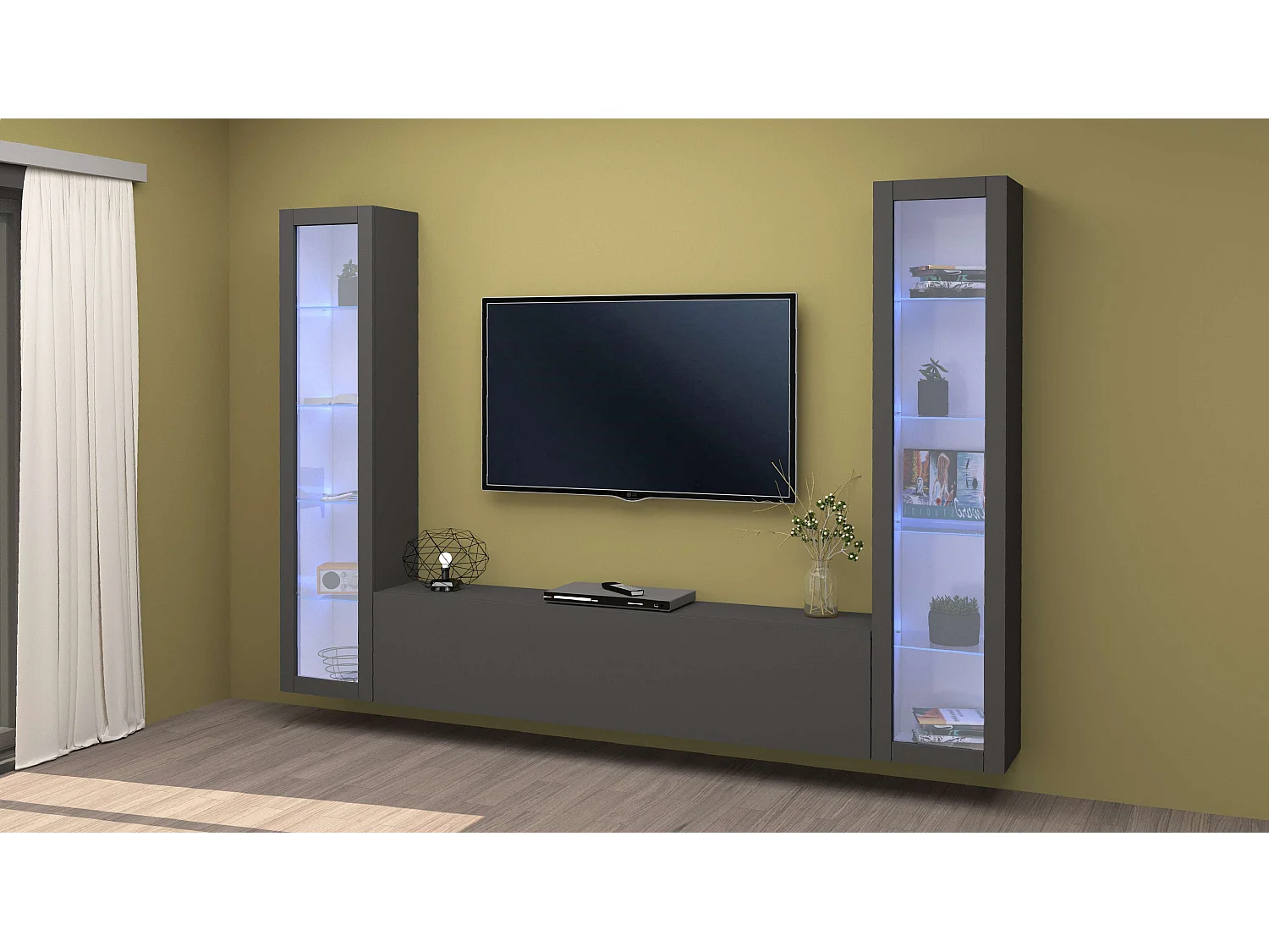 Parete attrezzata mobile TV sospesa design moderno antracite 2 vetrine Liv RT