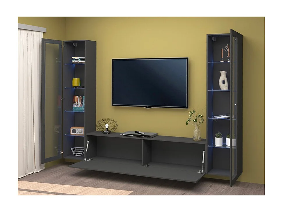 Parete attrezzata mobile TV sospesa design moderno antracite 2 vetrine Liv RT