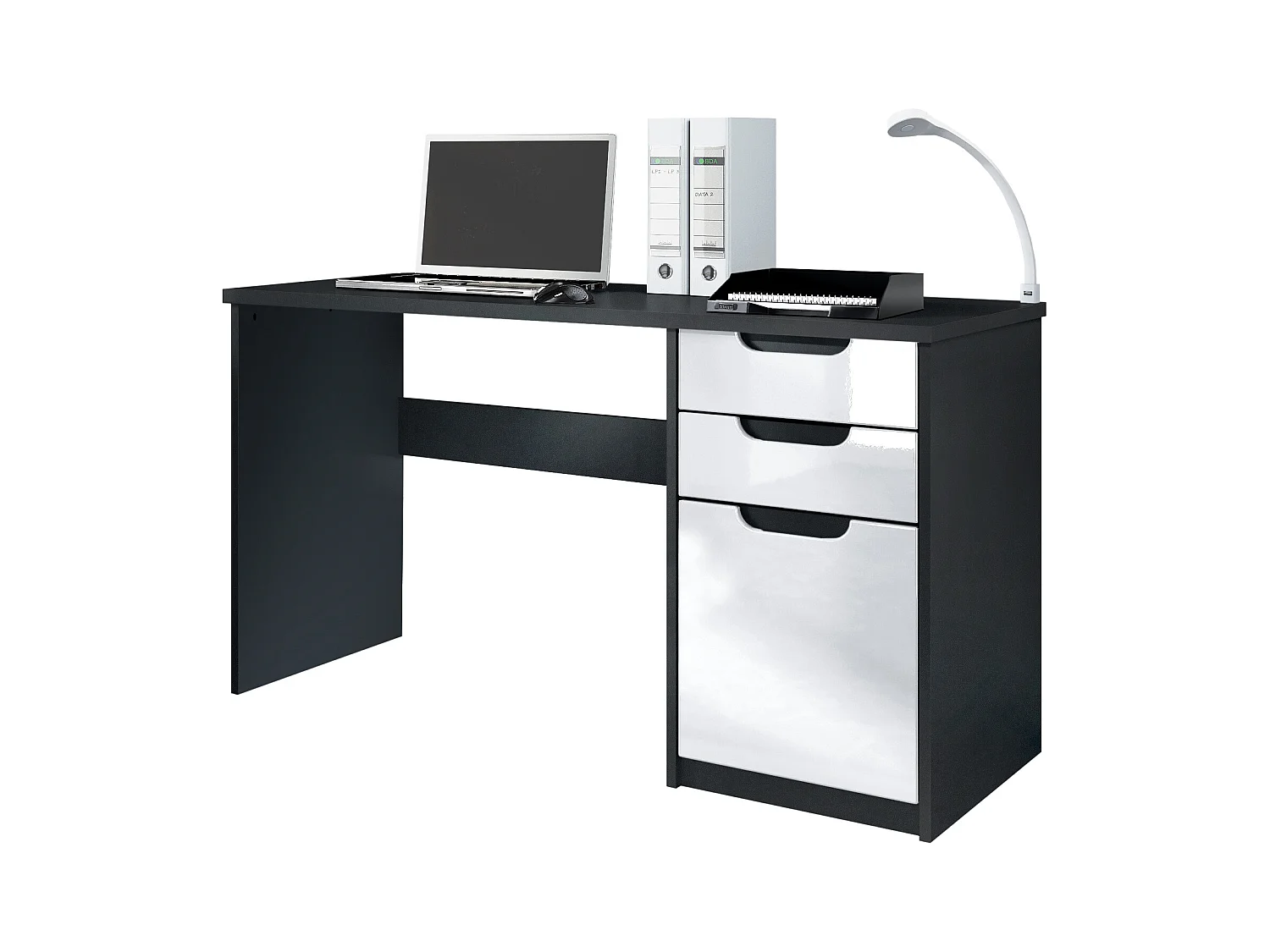 Bureau Logan, Petit bureau avec 2 tiroirs et d’une porte, noir mat/blanc haute brillance (129 x 76 x 60 cm)