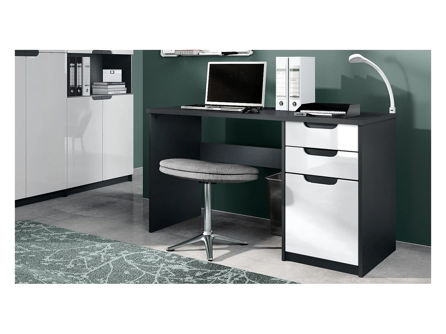Bureau Logan, Petit bureau avec 2 tiroirs et d’une porte, noir mat/blanc haute brillance (129 x 76 x 60 cm)
