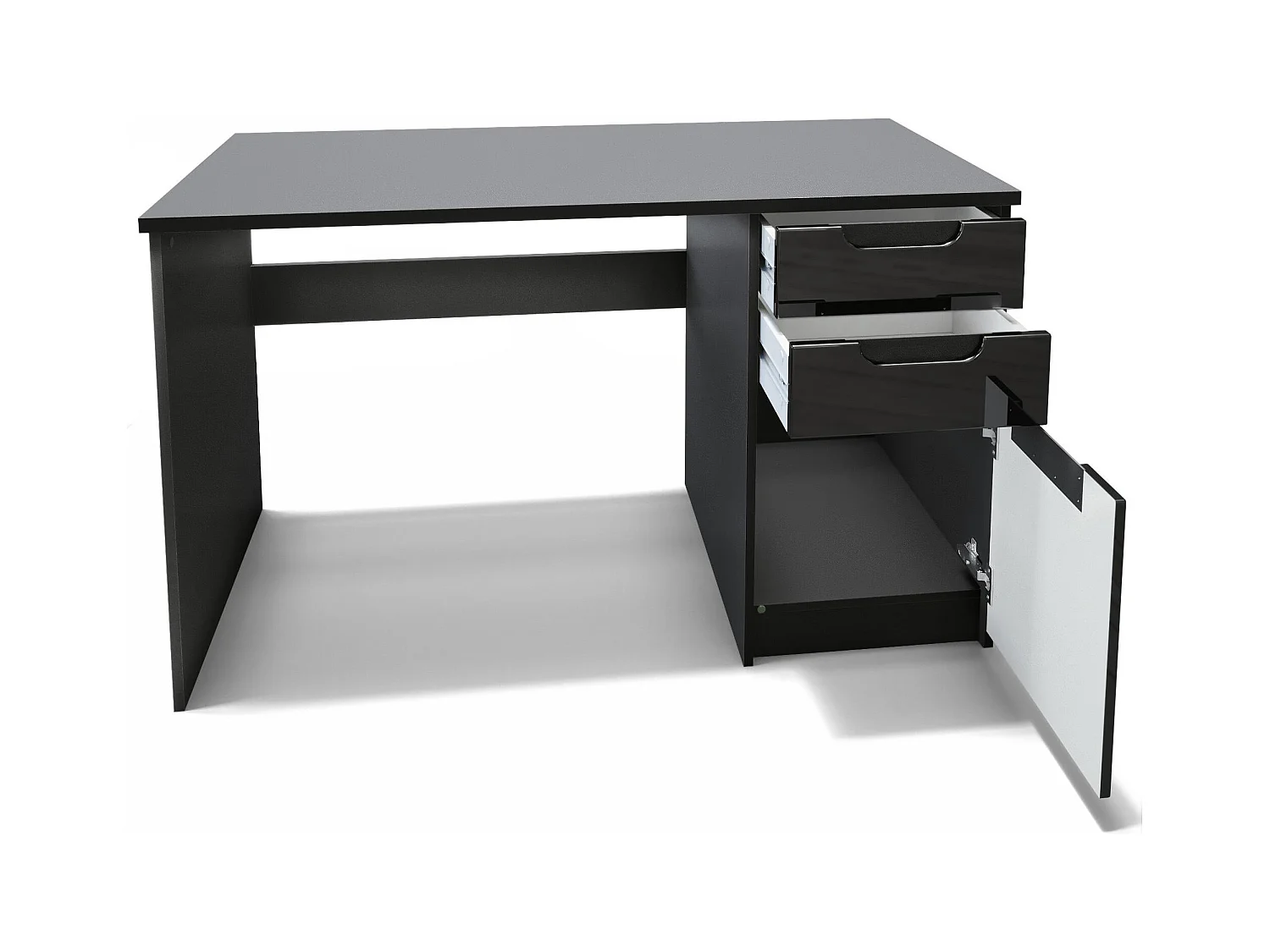 Bureau Logan, Petit bureau avec 2 tiroirs et d’une porte, noir mat/blanc haute brillance (129 x 76 x 60 cm)