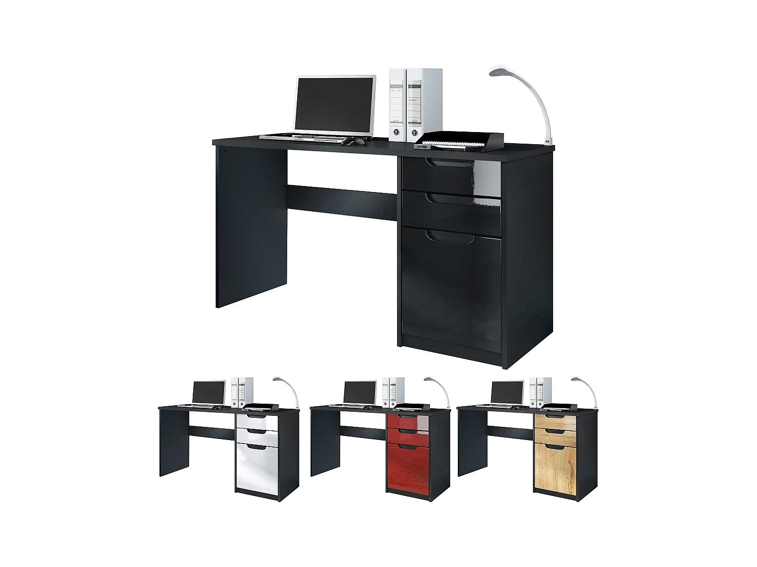 Bureau Logan, Petit bureau avec 2 tiroirs et d’une porte, noir mat/blanc haute brillance (129 x 76 x 60 cm)