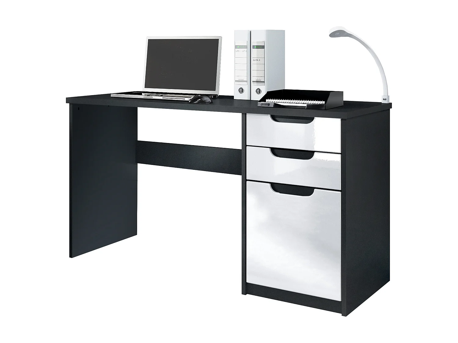 Logan Desk, scrivania per ufficio con 2 cassetti e 1 anta, nero opaco/bianco lucido (129 x 76 x 60 cm)