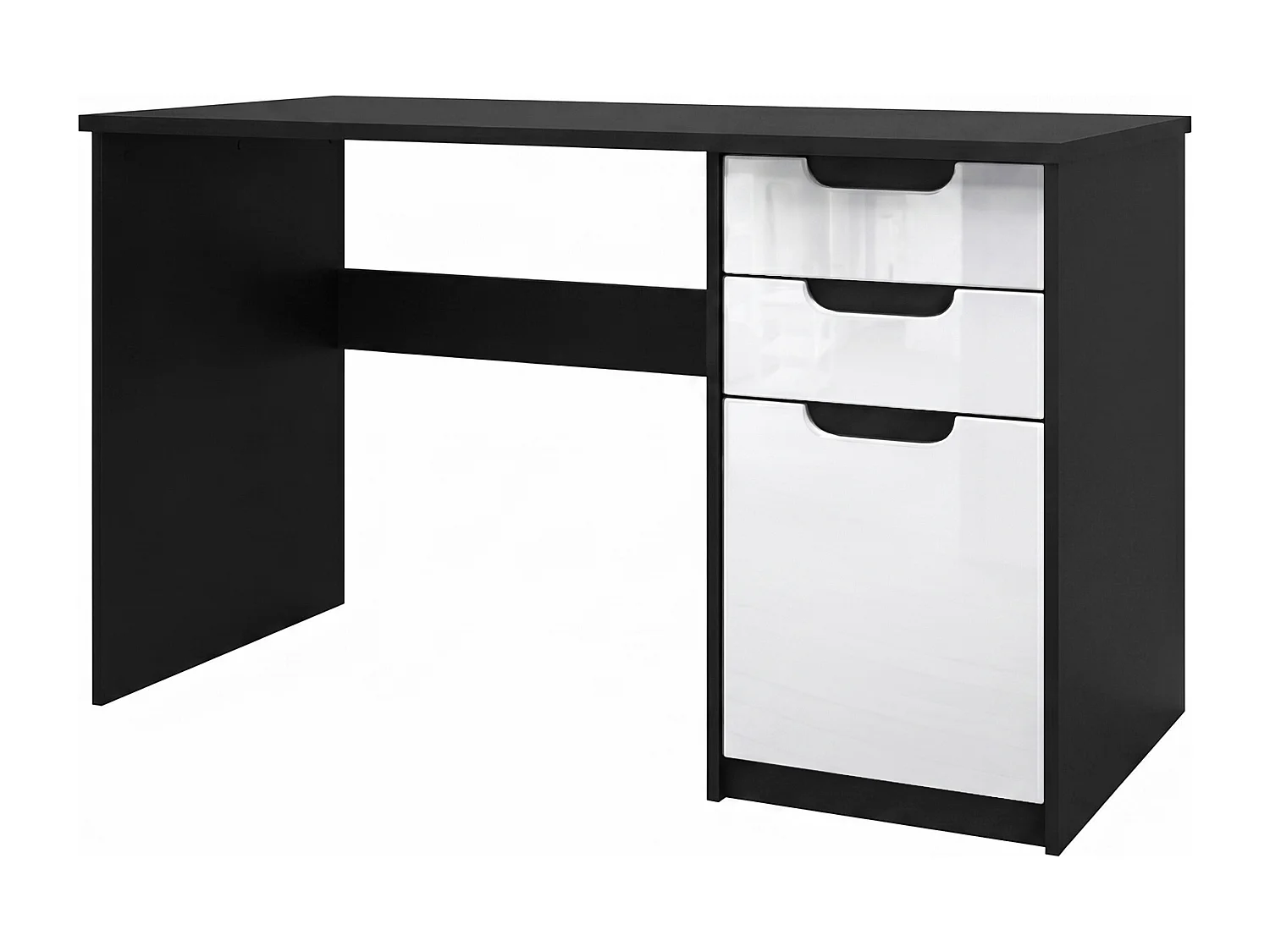 Bureau Logan, Petit bureau avec 2 tiroirs et d’une porte, noir mat/blanc haute brillance (129 x 76 x 60 cm)