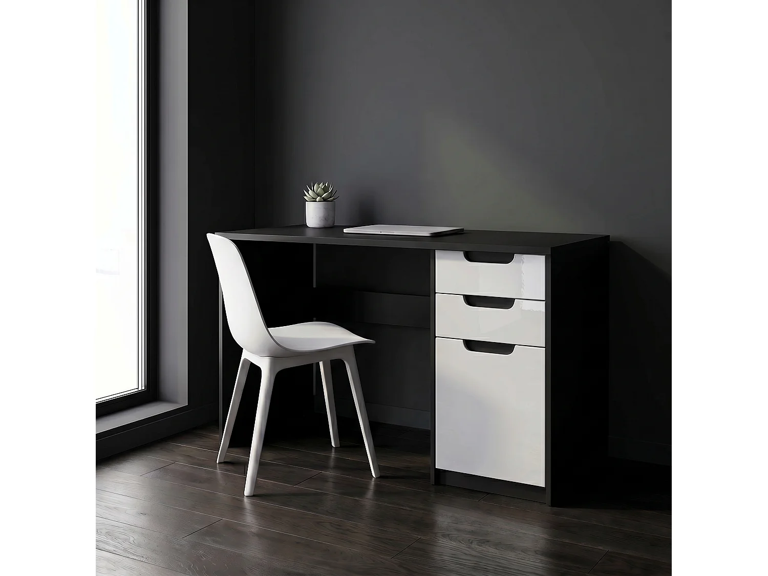 Bureau Logan, Petit bureau avec 2 tiroirs et d’une porte, noir mat/blanc haute brillance (129 x 76 x 60 cm)