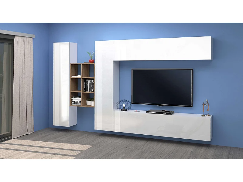 Meuble TV mural blanc suspendu 2 armoires bibliothèque Sid WH