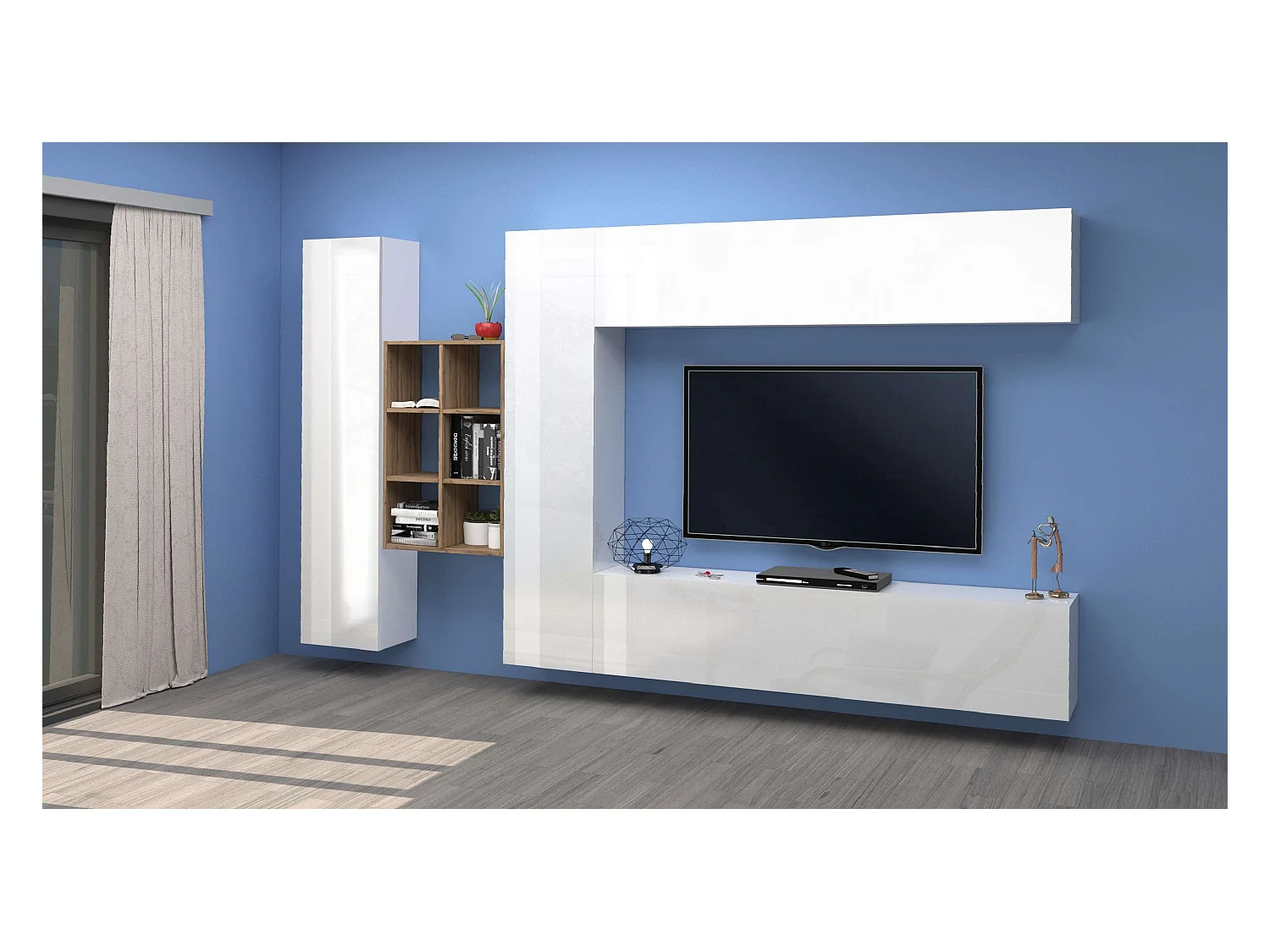 Mueble TV pared blanco colgado 2 armarios librería Sid WH